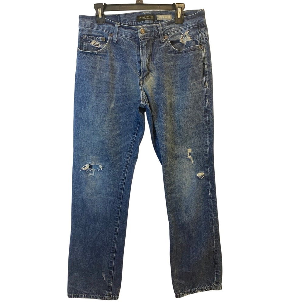 Aeropostale Mens Straight Leg‎ Distressed Ripped Jeans Blue Medium Wash 32x32